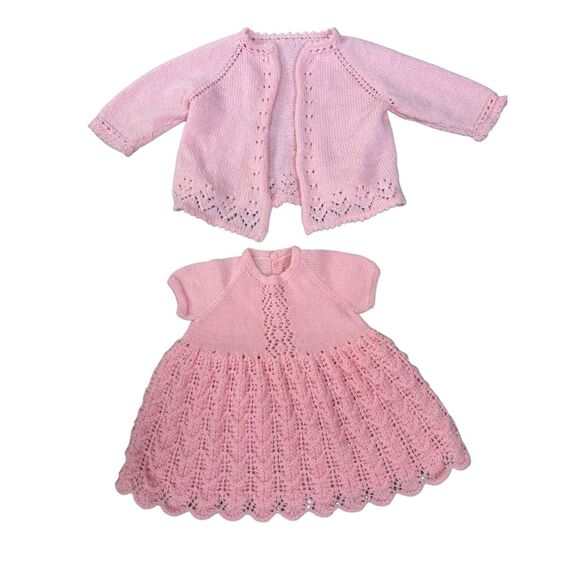 Vintage Handmade Baby Dress & Cardigan Set – Pink Knit Lace, Special Occasion Ou - Picture 3 of 16